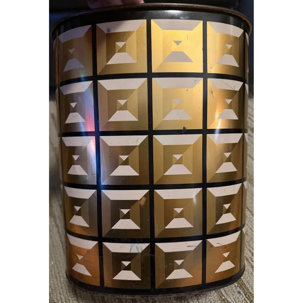 VTG Mid Century HARVELL Black &  Gold Geometric Trash Can Oval 12.5in